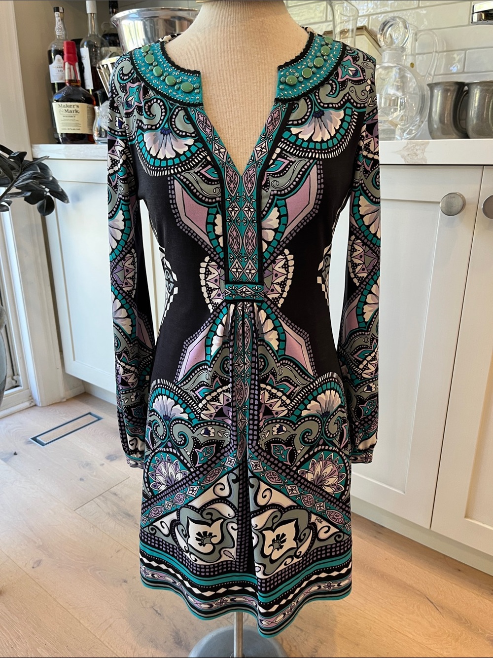 Black Teal & Lavender Printed Long-Sleeve Dress